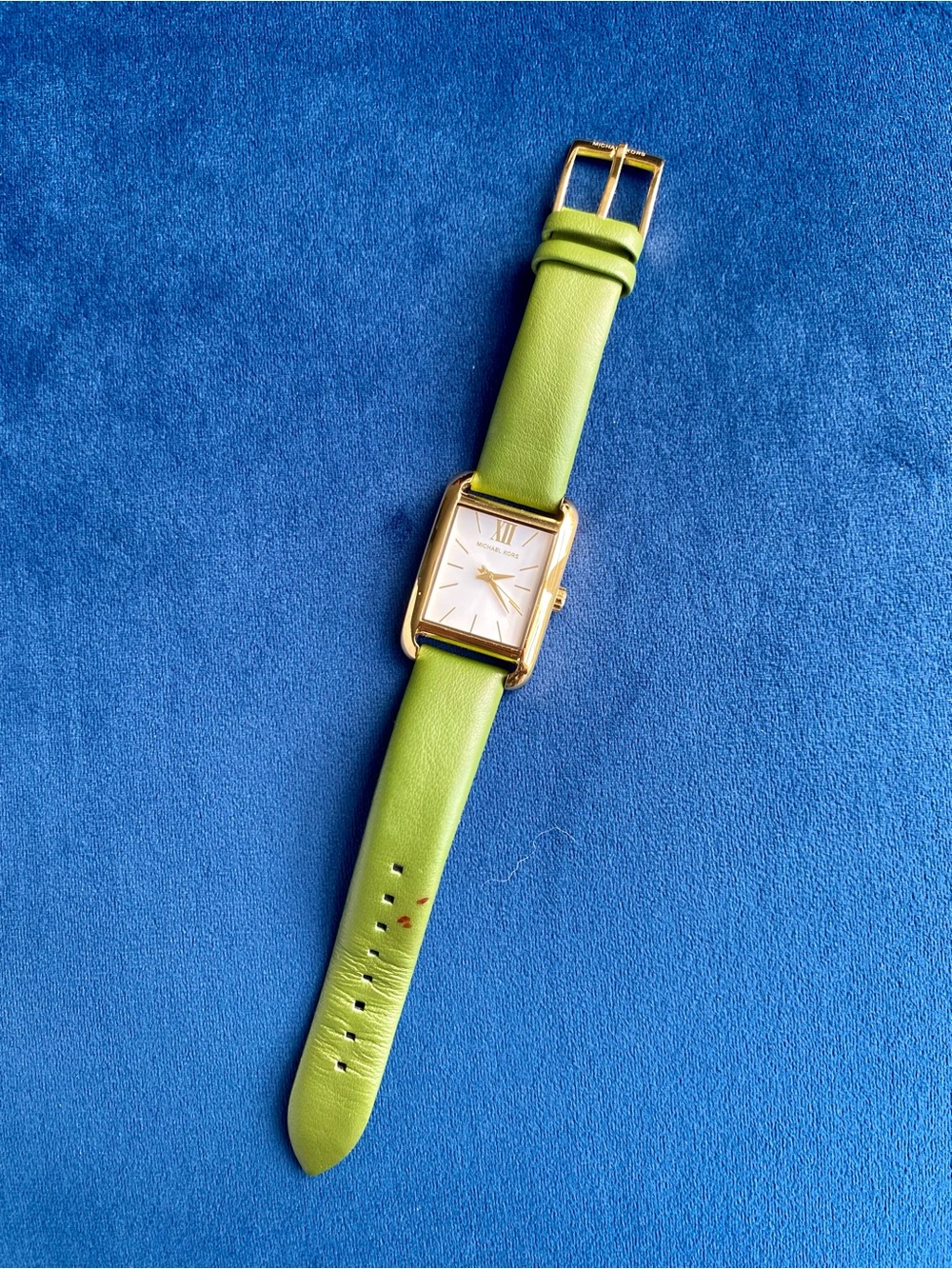 Michael Kors Green Leather Strap Gold-Tone Rectangular Watch